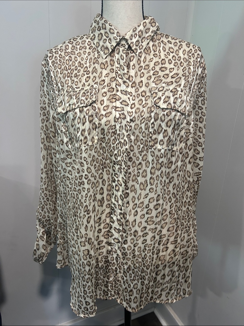 Lucky Brand Cream and Brown Leopard-Print Button-Up Blouse